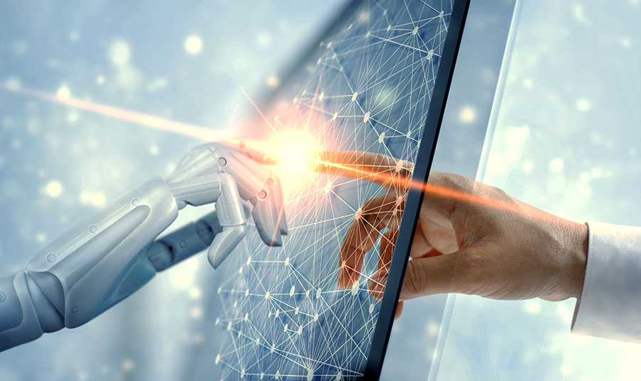 Innovation roboter hand and man hand touching a transparent display